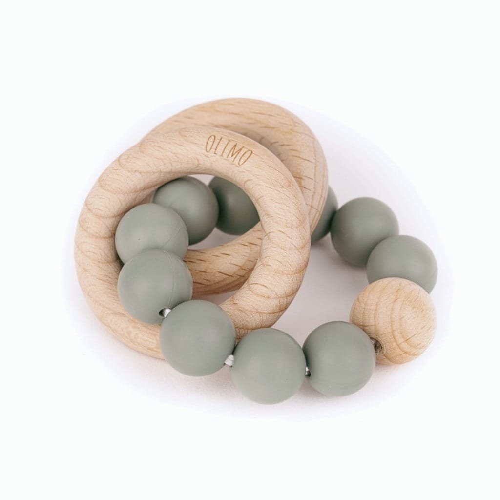 Wooden silicone teething ring in sage color