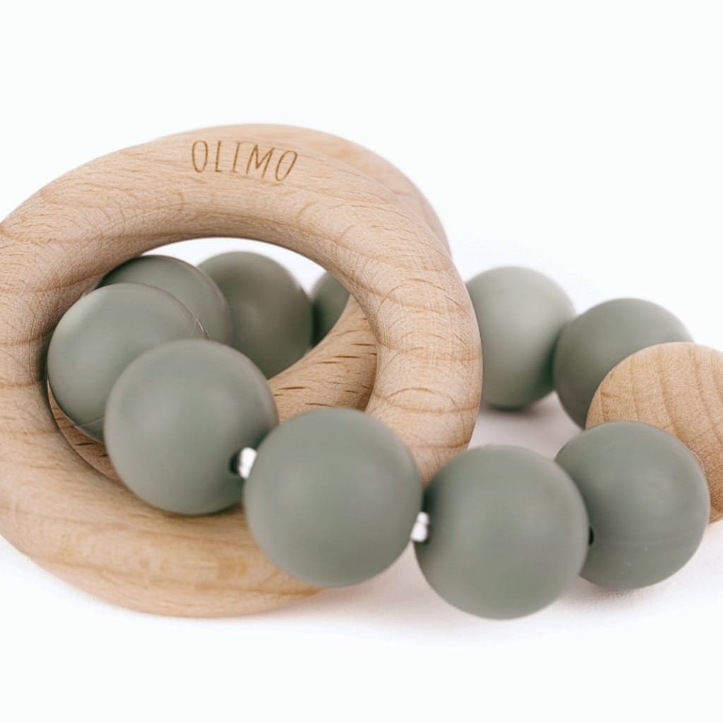 Wooden silicone teething ring in sage color